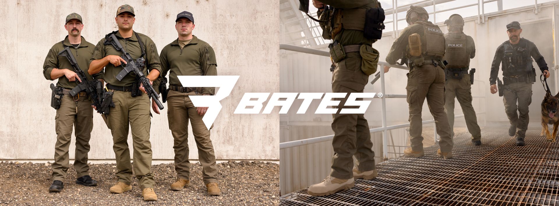 Bates by Wolverine Hero Image - Tactical officers in uniform standing in front of a concrete wall and walking across a metal catwalk