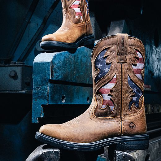 Brown boots with stars and stripes cutouts.
