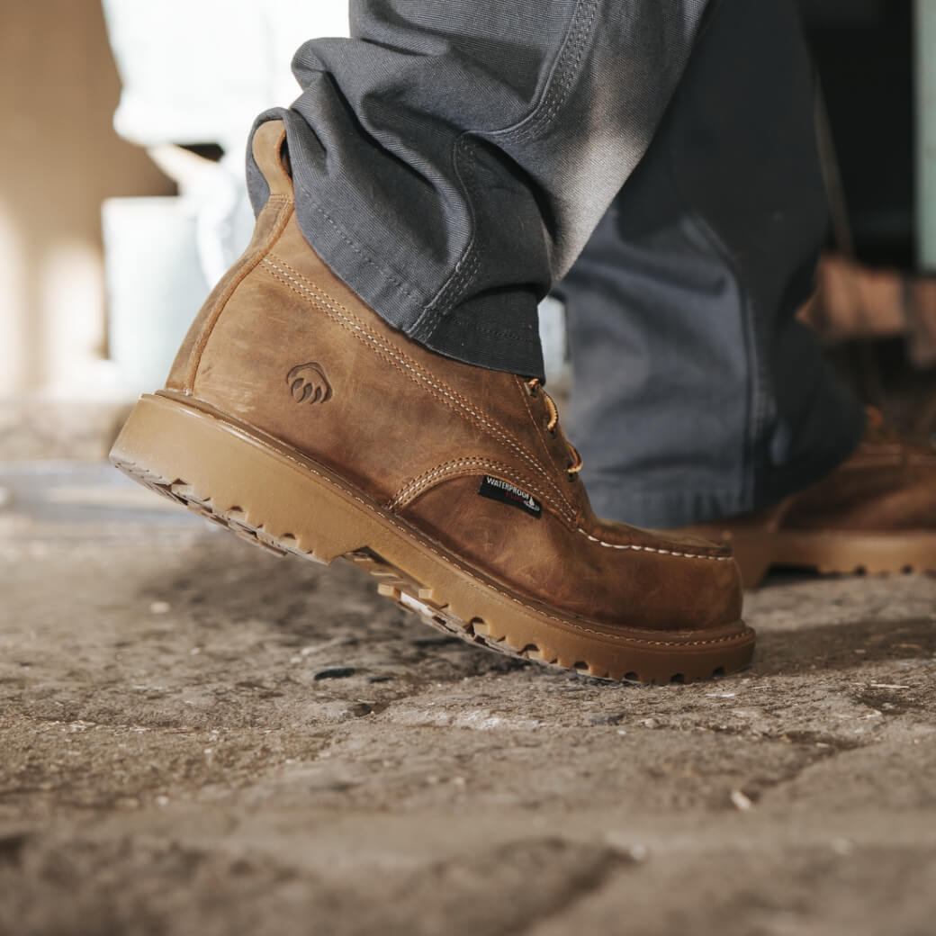 Closeup of Tan Wolverine work boot.