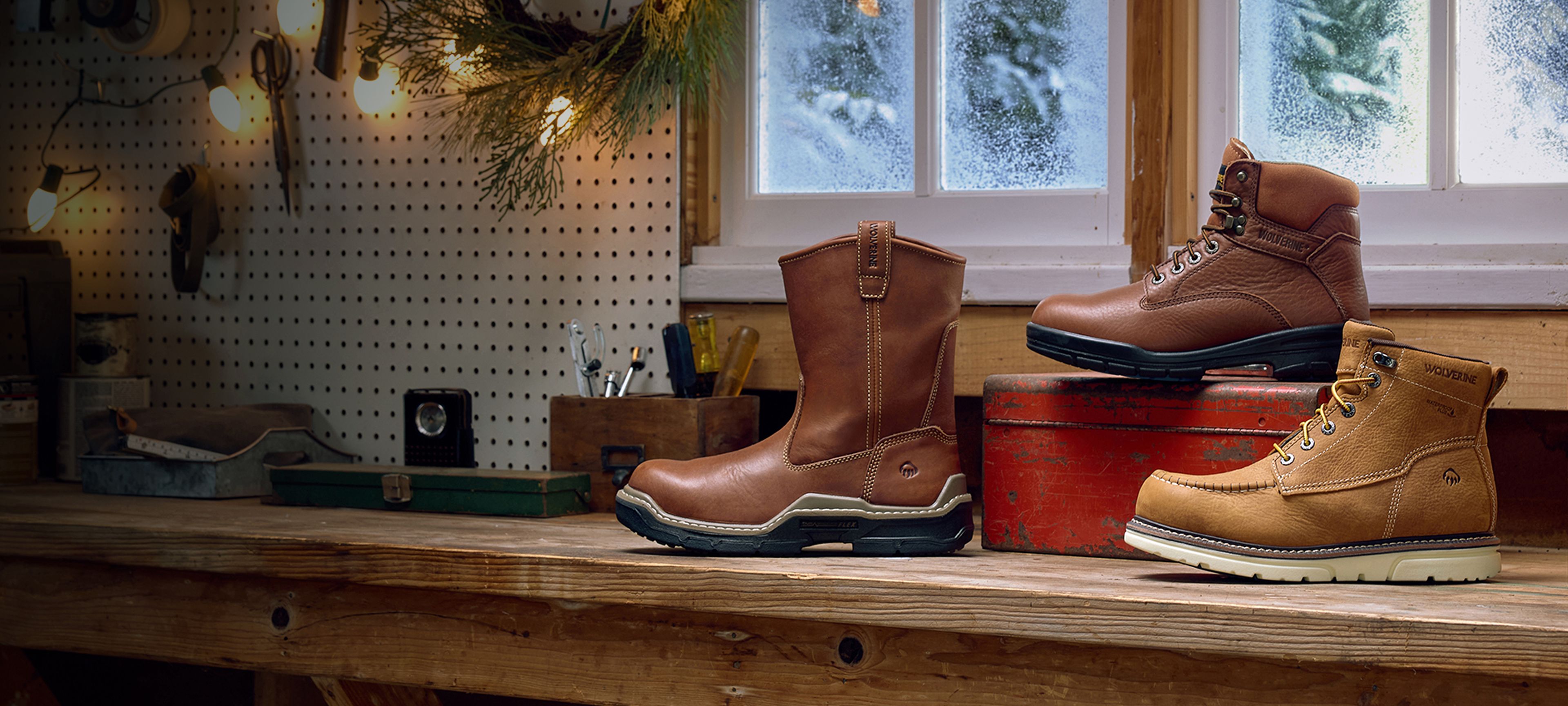 Boots on a workbench.