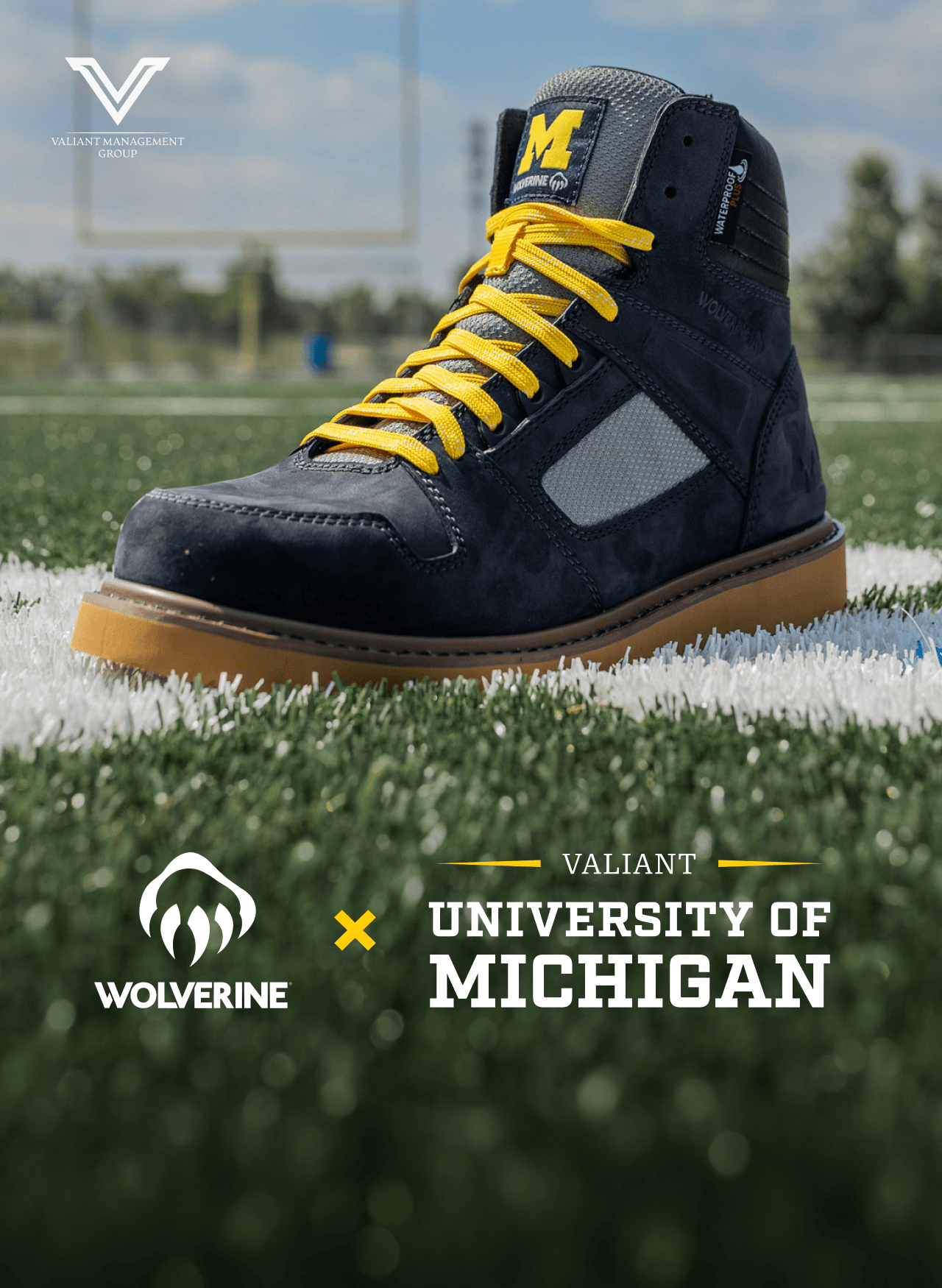 Maize and blue boot on a football field.