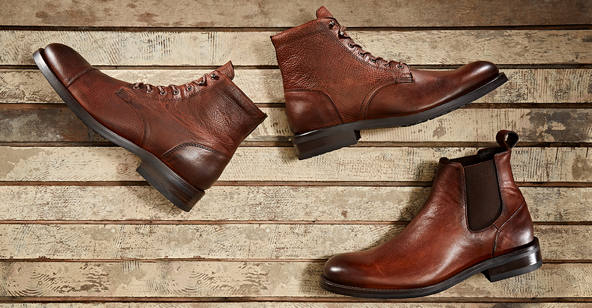Wolverine BLVD Plain Toe in pebble brown on a wooden deck.
