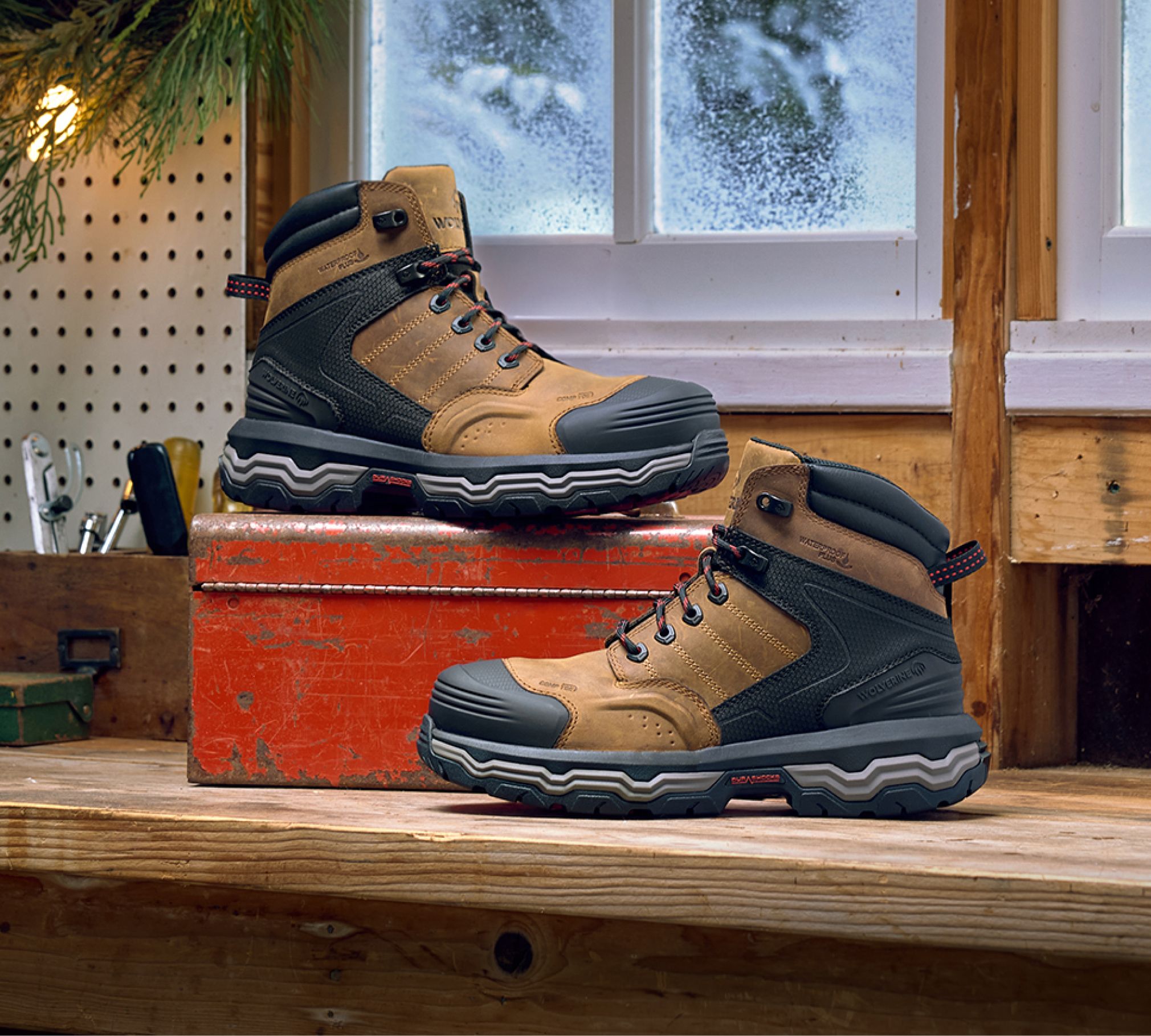 Two boots on a workbench.