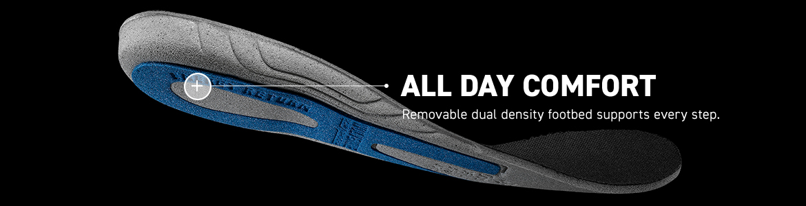 ALL DAY COMFORT. Removable dual density footbed supports every step.