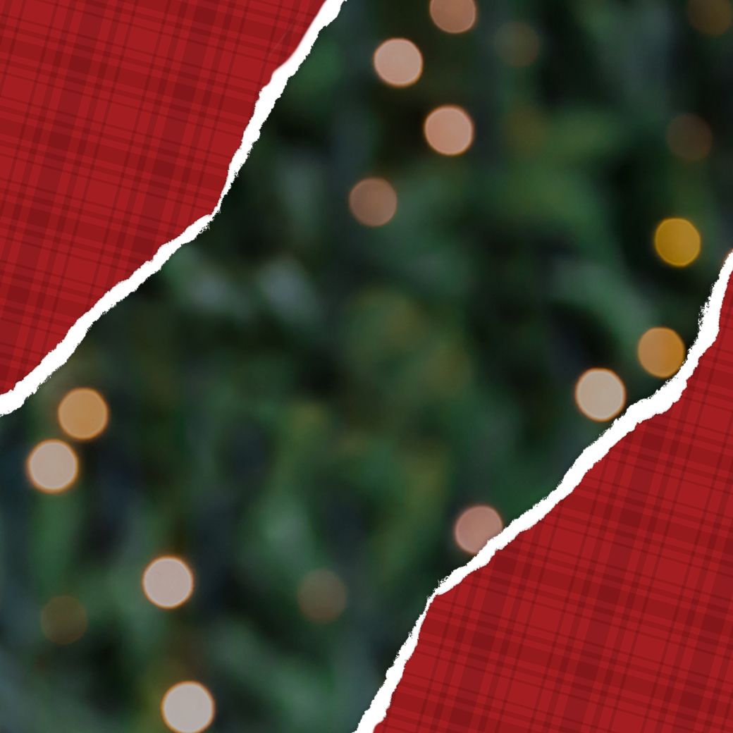 a red plaid pattern with lights in the background