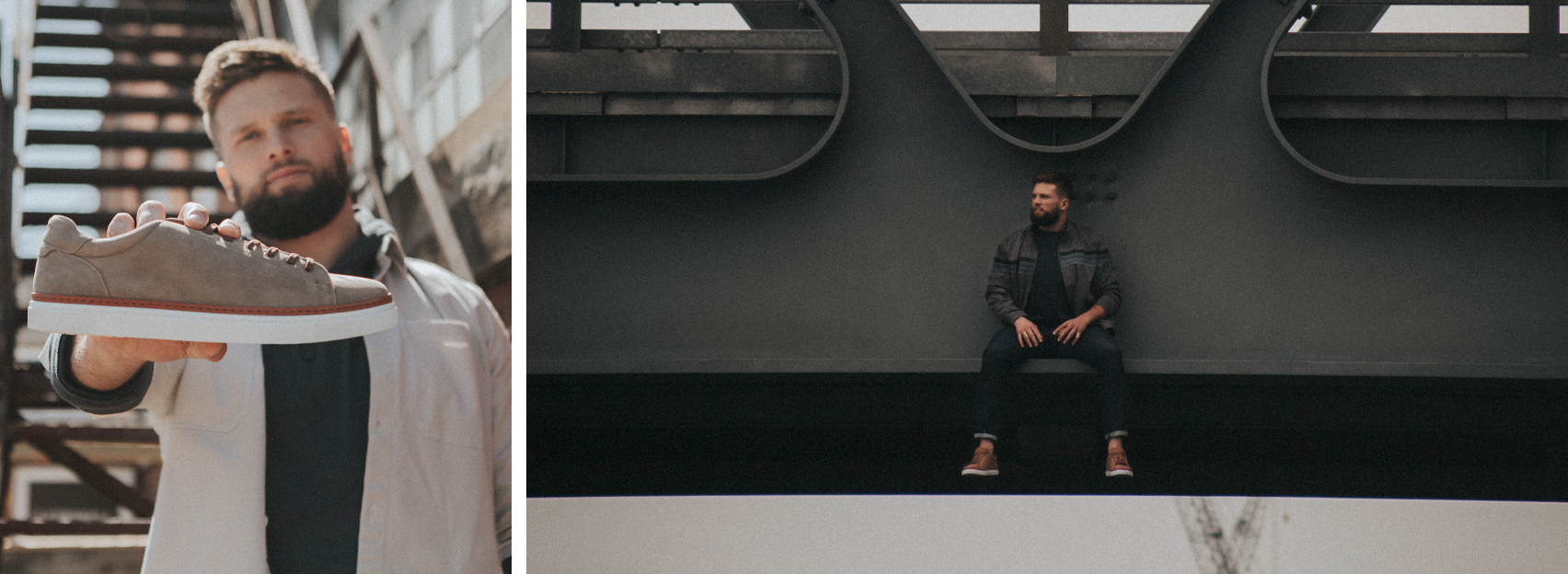 Two images. Chase holding up a Wolverine shoe on the left and Chase sitting down in an industrial area on the right.