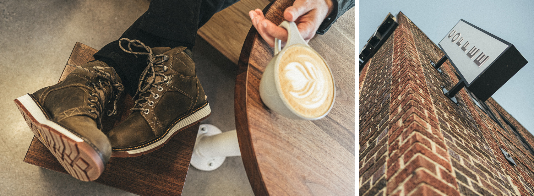 Two images. Caleb enjoying one of his creations on the left and a coffee shop sign on the right.