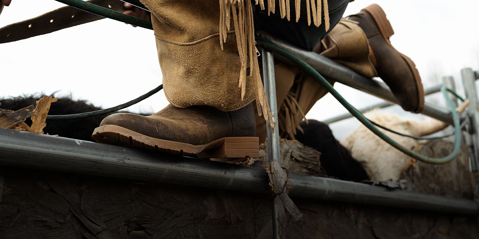 Brown boots and fringed leather chaps climbing on scaffolding.