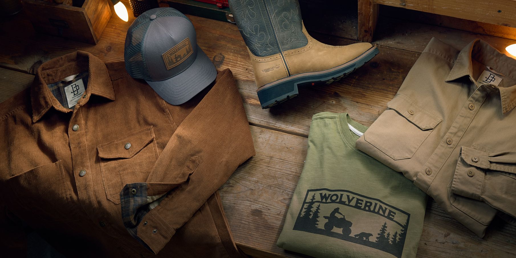 Work gear laid out on a wooden surface.