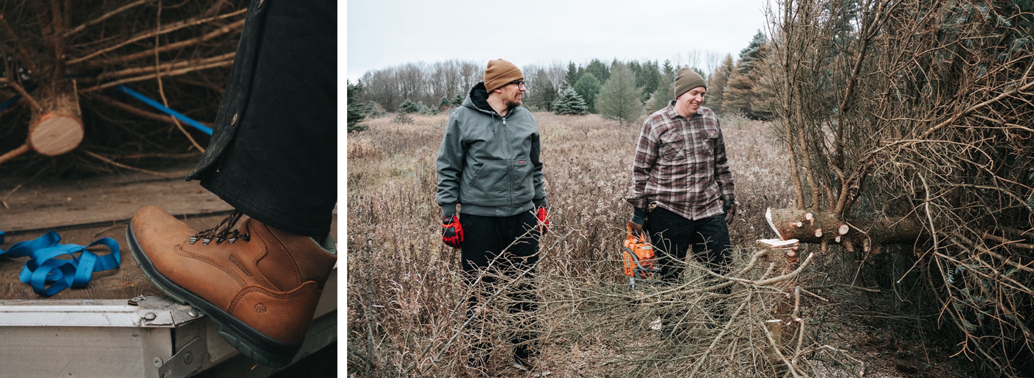 a couple of men in a field with a chainsaw