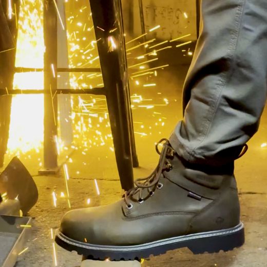 Black boots with sparks flying in the background.