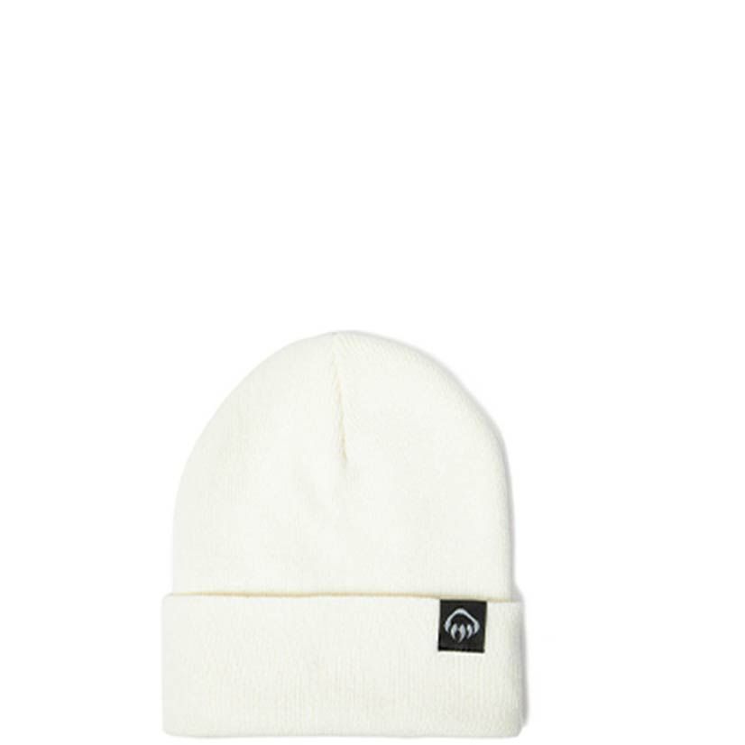 a white beanie with a black logo