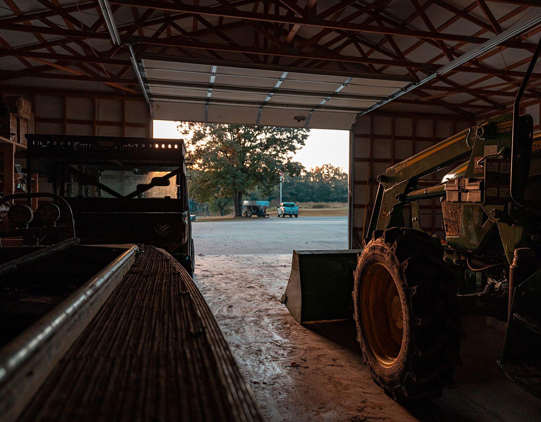 a tractor in a garage