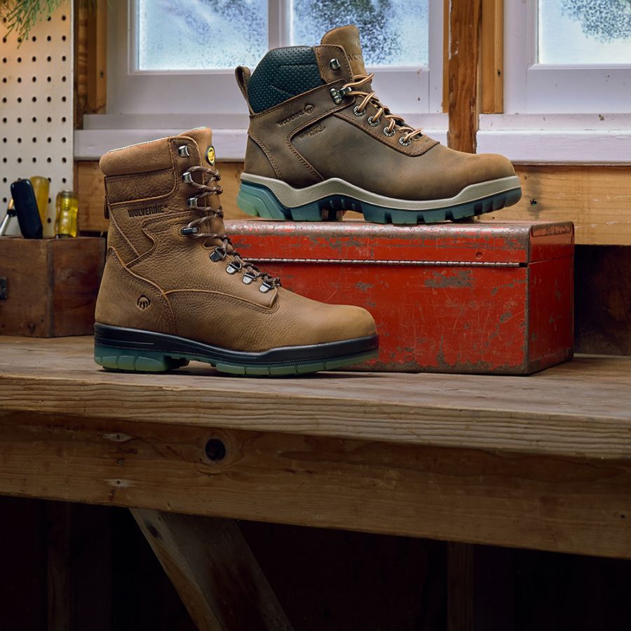 Two boots on a workbench.
