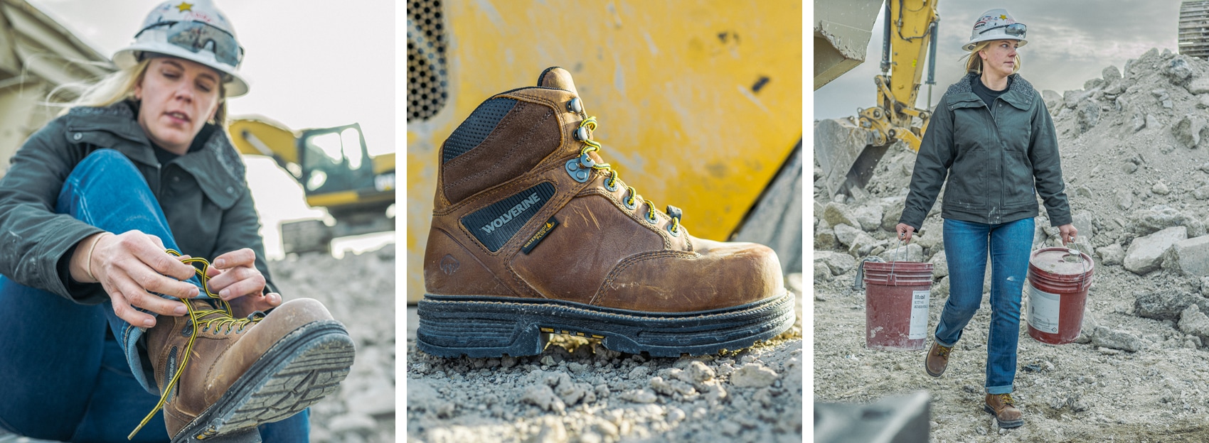 Three images. Morgen tying boots, a Wolverine boot and Morgen carrying cement.