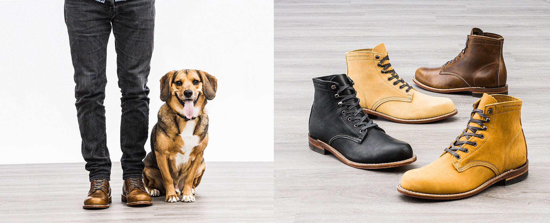 A pair of legs wearing Wolverine 1000 Mile boots, with a dog sitting by their side.