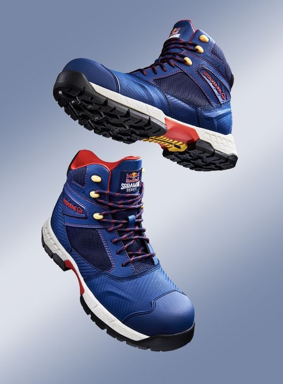 a pair of blue and red boots