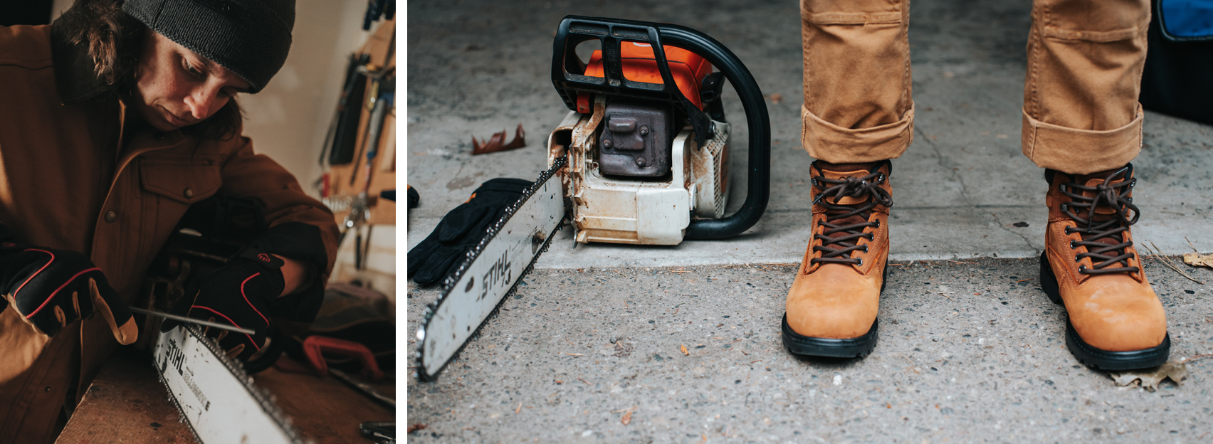 Amanda in boots next to a chainsaw