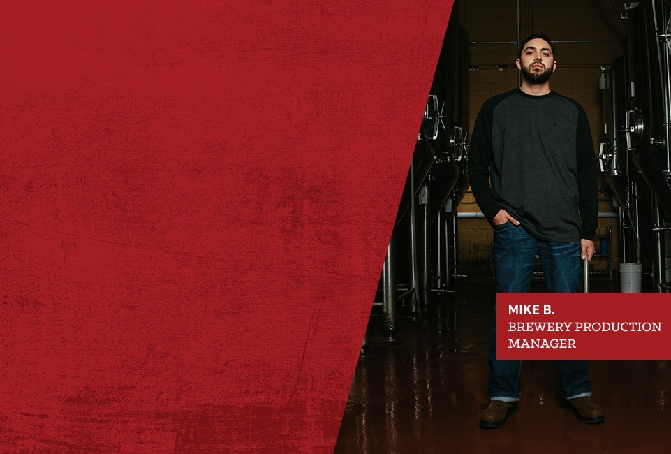 Mike B., Brewery Production Manager. Mike wears a Wolverine outfit while standing in a row of brewing equipment.