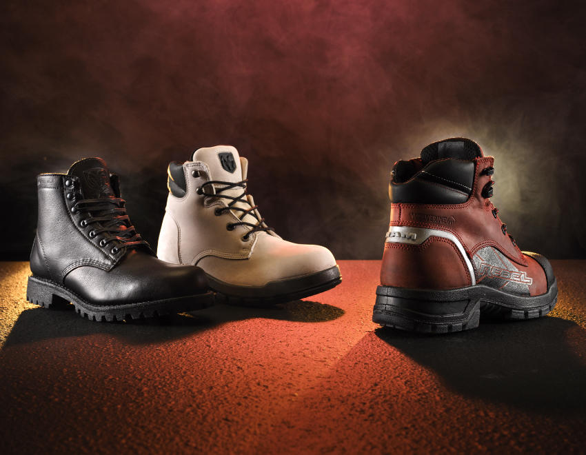 The boots of the Wolverine x Ram Trucks Collaboration Collection in low lighting.