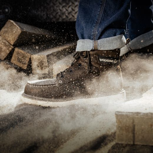 Work boots stomping in sawdust.