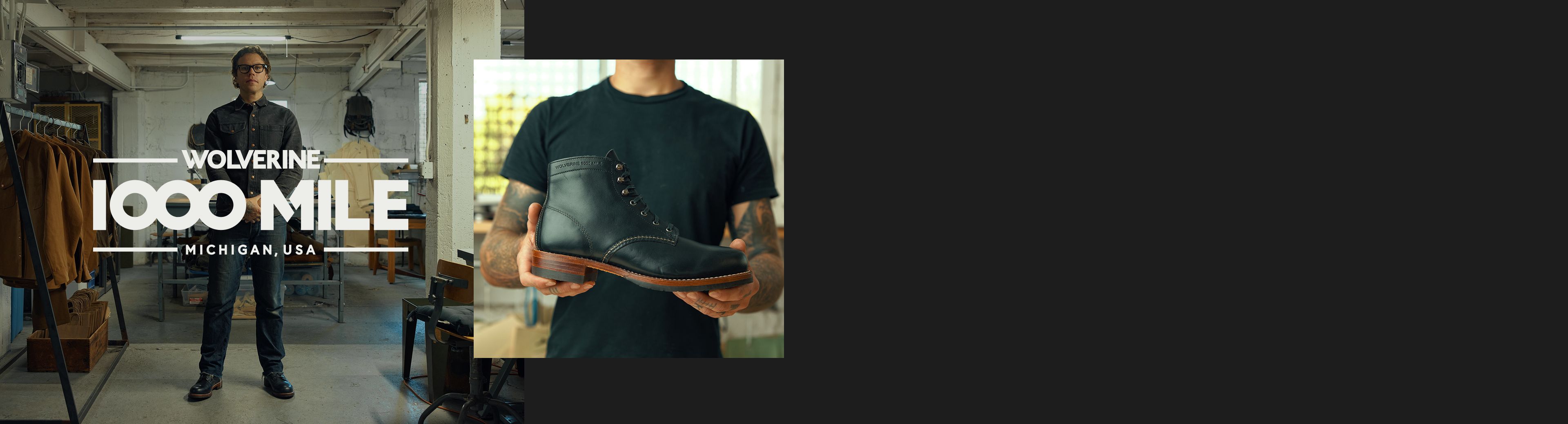 Standing in a workshop wearing denim and black boots.