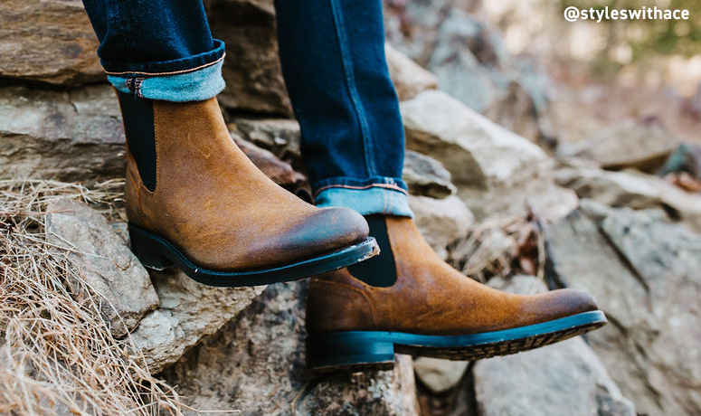 Wolverine BLVD Chelsea in brown on rocky terrain