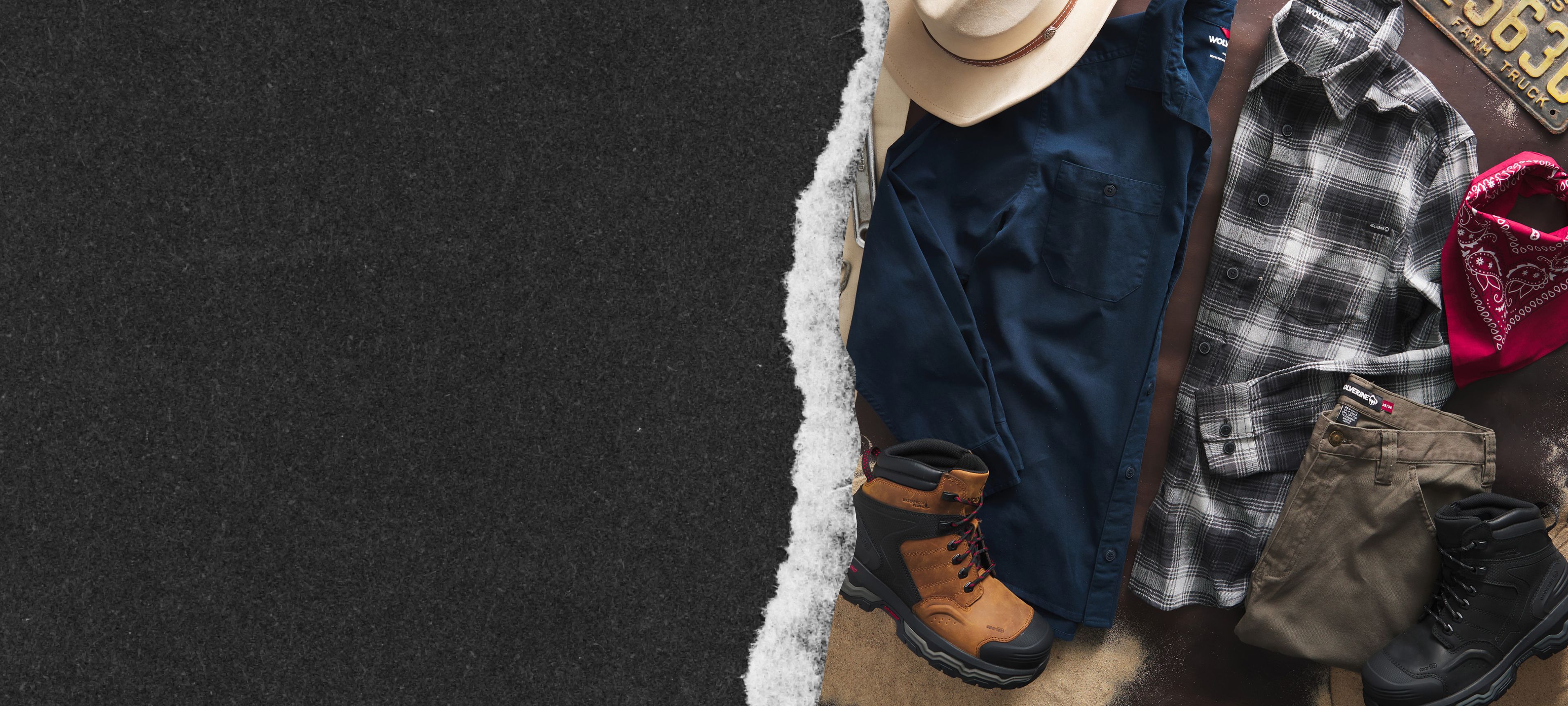 Complete Wolverine outfit beside a farm truck license plate.