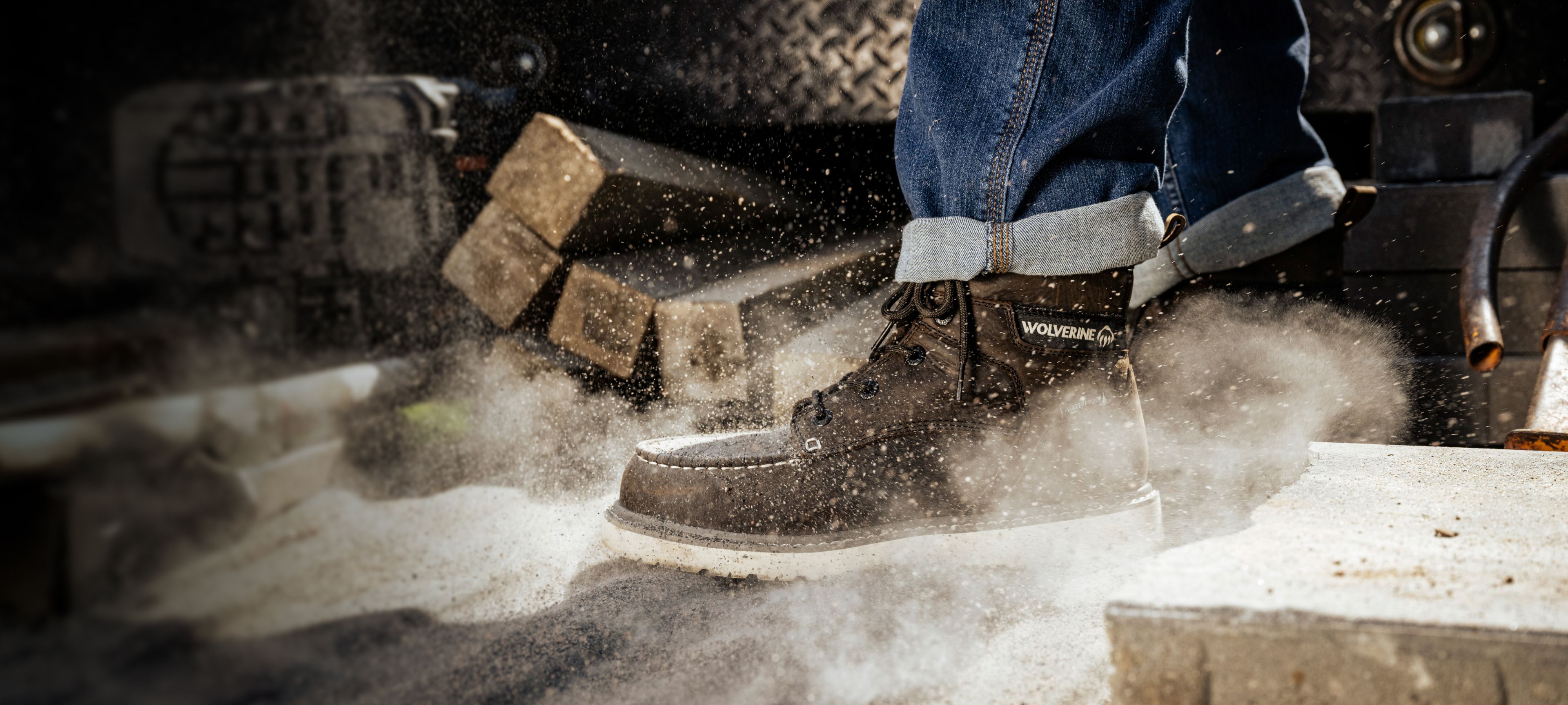 Work boots stomping in sawdust.