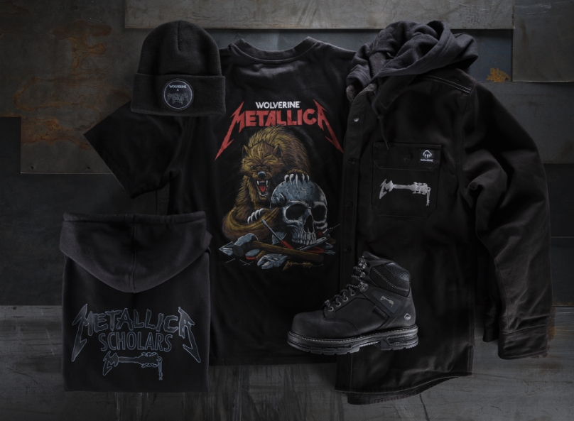 All products in the Limited Edition Wolverine x Metallica Collection hanging in a merchandise booth.