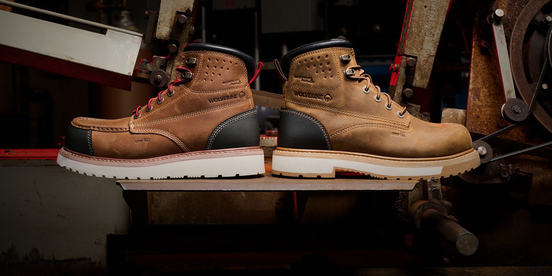 Pair of brown boots in a workshop.
