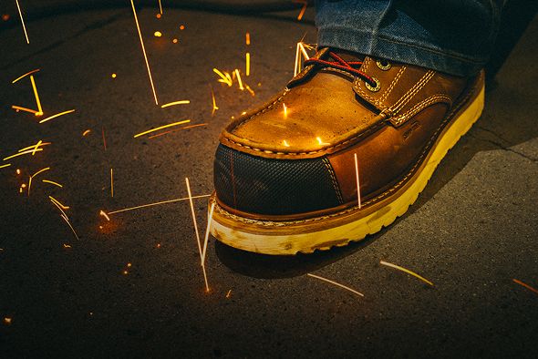 Boots surrounded by welding sparks.