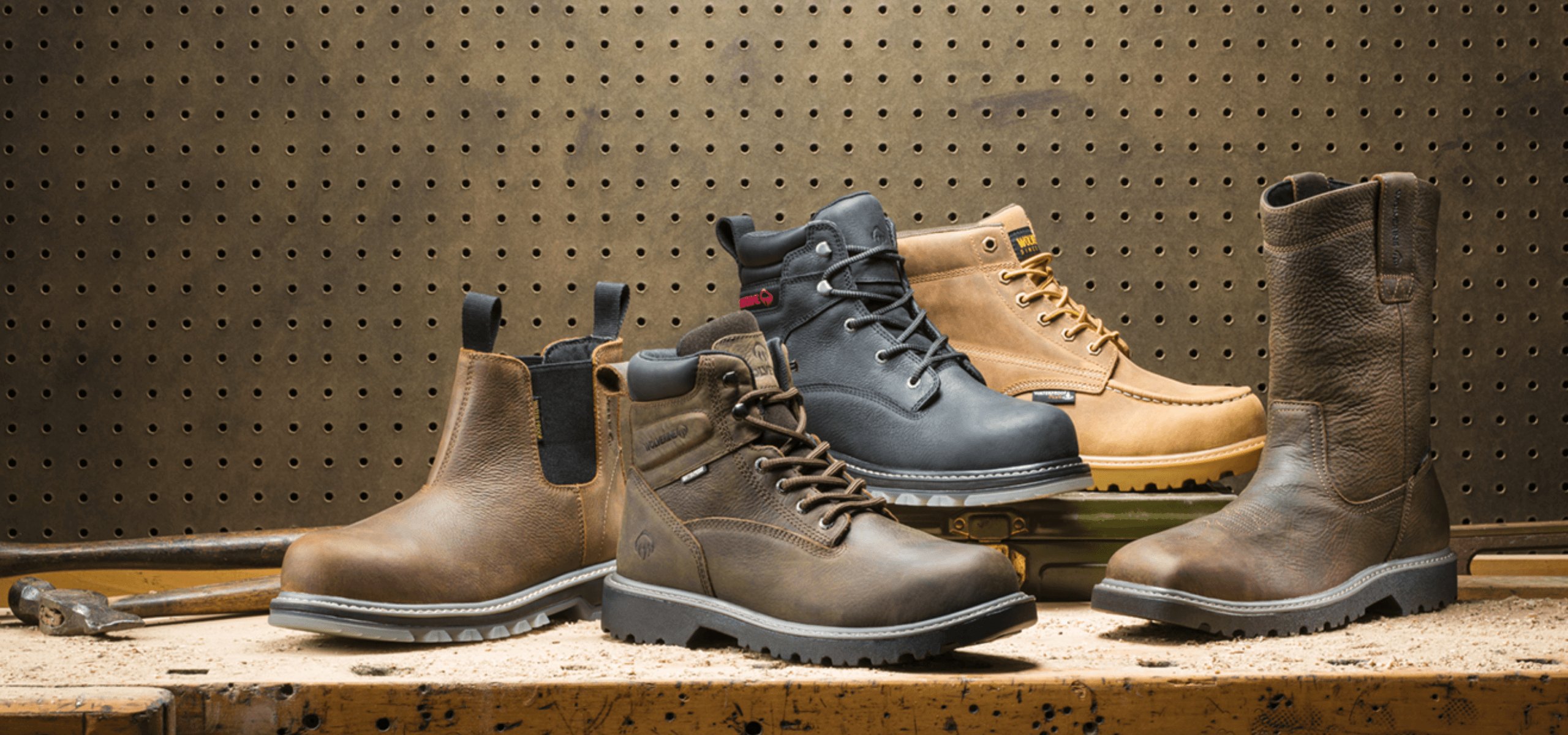Various work boots on work bench