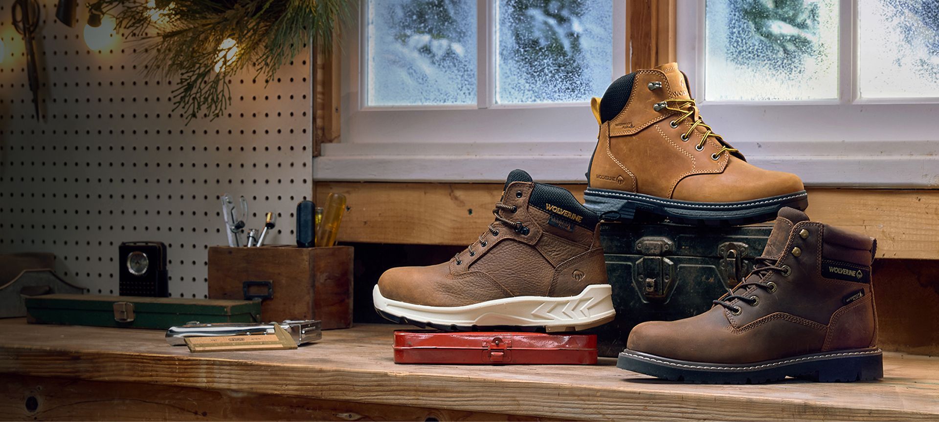 Boots on a workbench.