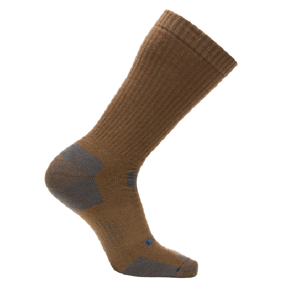 a brown sock with grey sole