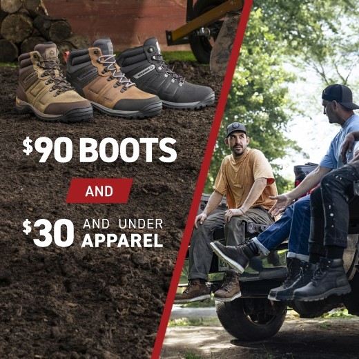 two men in boots talking to each other next to a lifestyle images of boots.