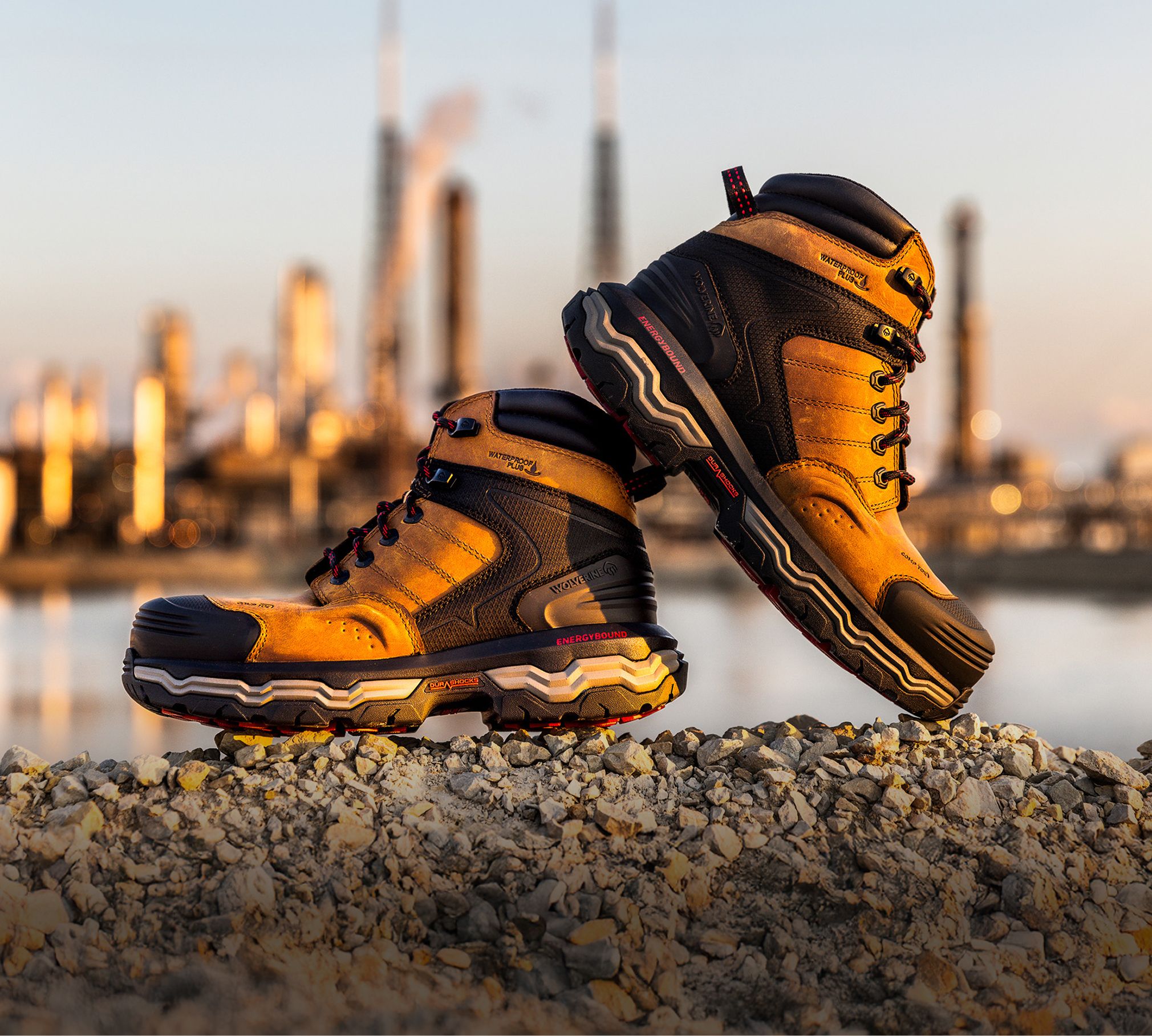Two boots on a workbench.