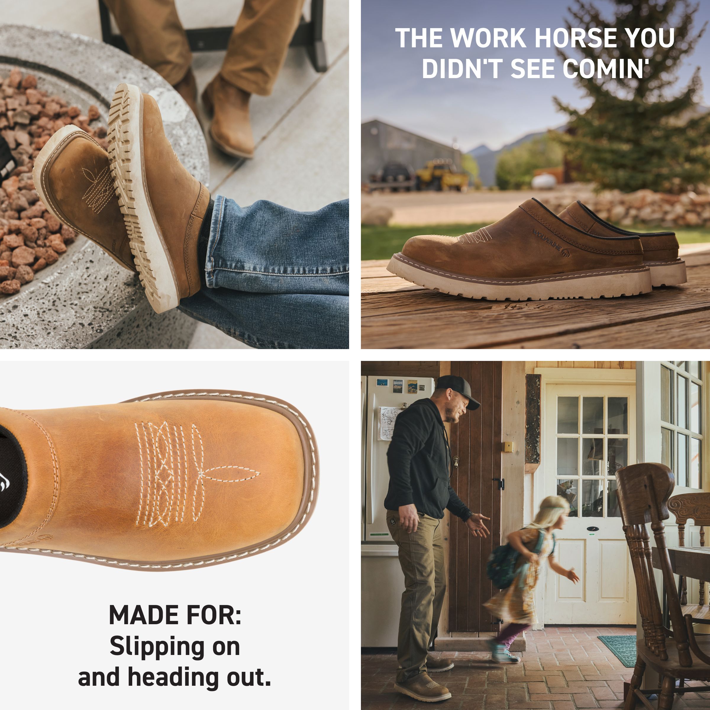 Collage of images showing scenes of people wearing Bronc Clogs in everyday life.