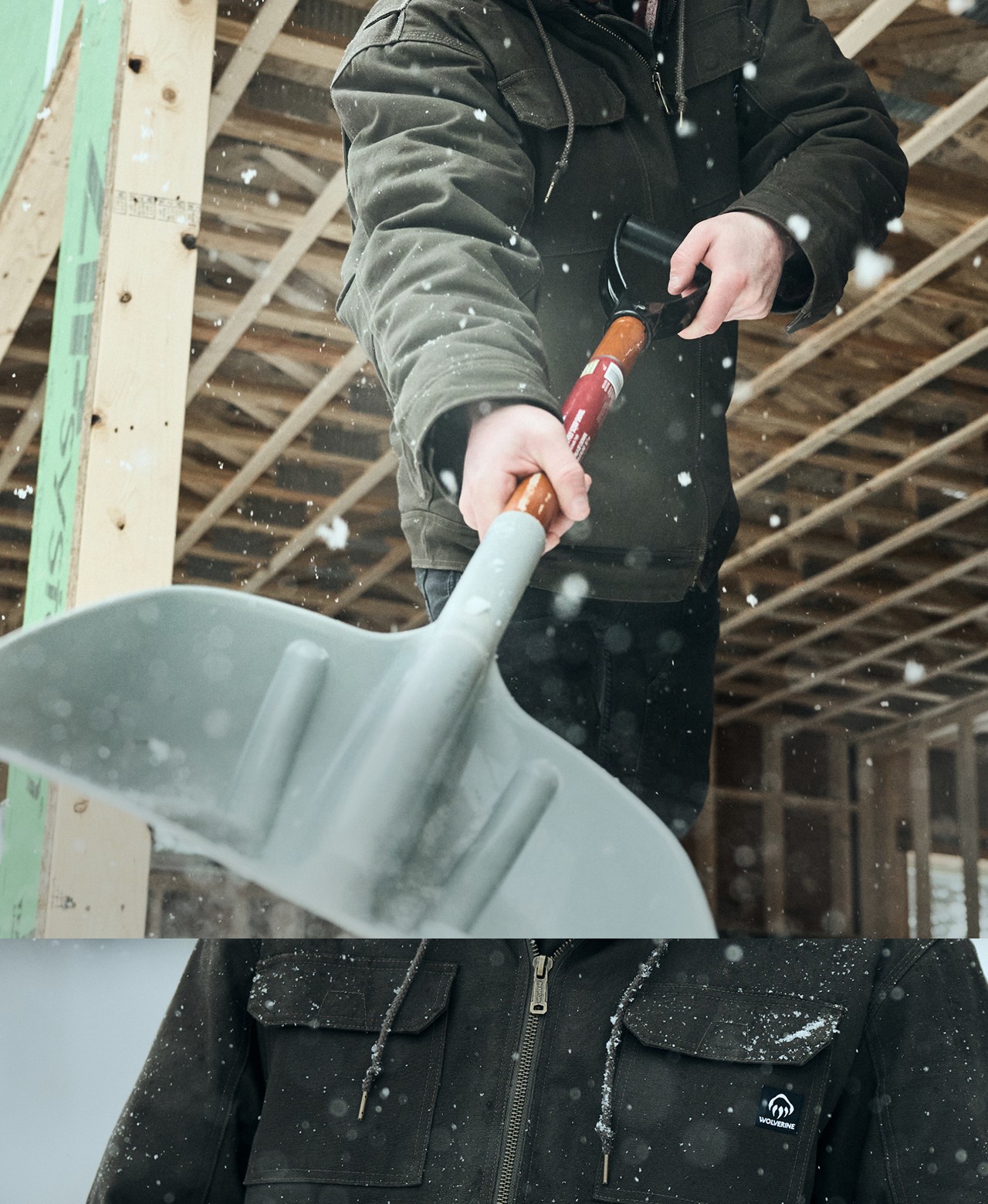 A worker in a Wolverine jacket on a snowy construction site.