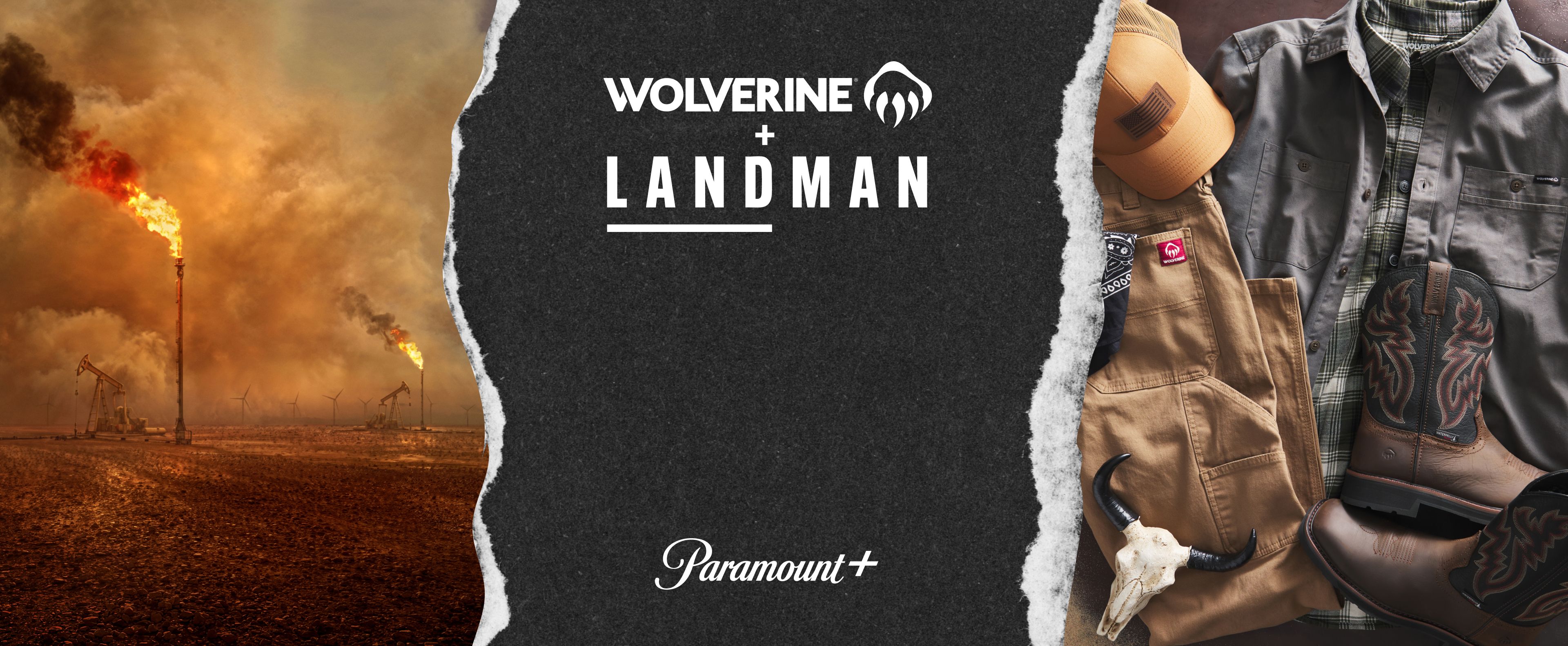 Oil derricks, gas flares, and clothing from the Wolverine + Landman collection.