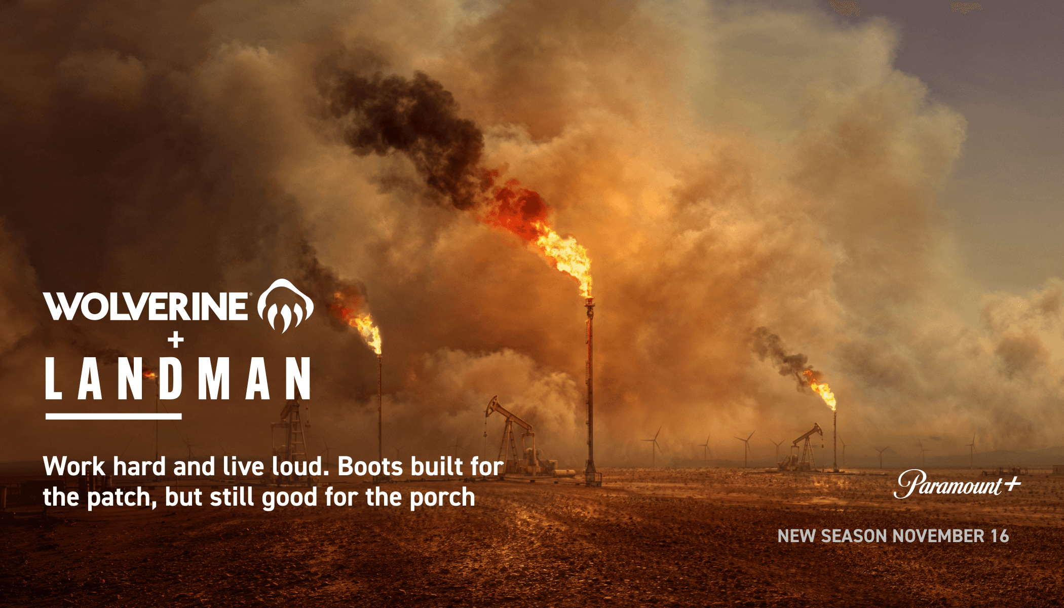 Oil derricks and gas flares.