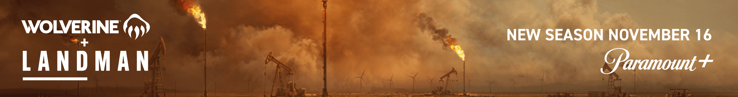 Oil derricks and gas flares.