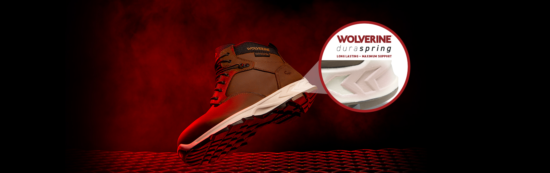 Wolverine boot floating against a red and black background with the Wolverine Duraspring heel highlighted.