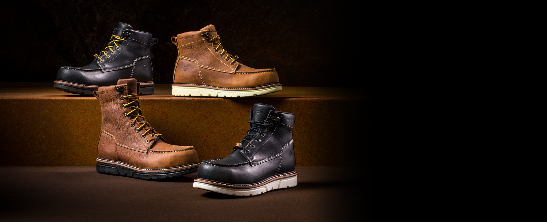 4 Wolverine Durashock Wedge Boots on display