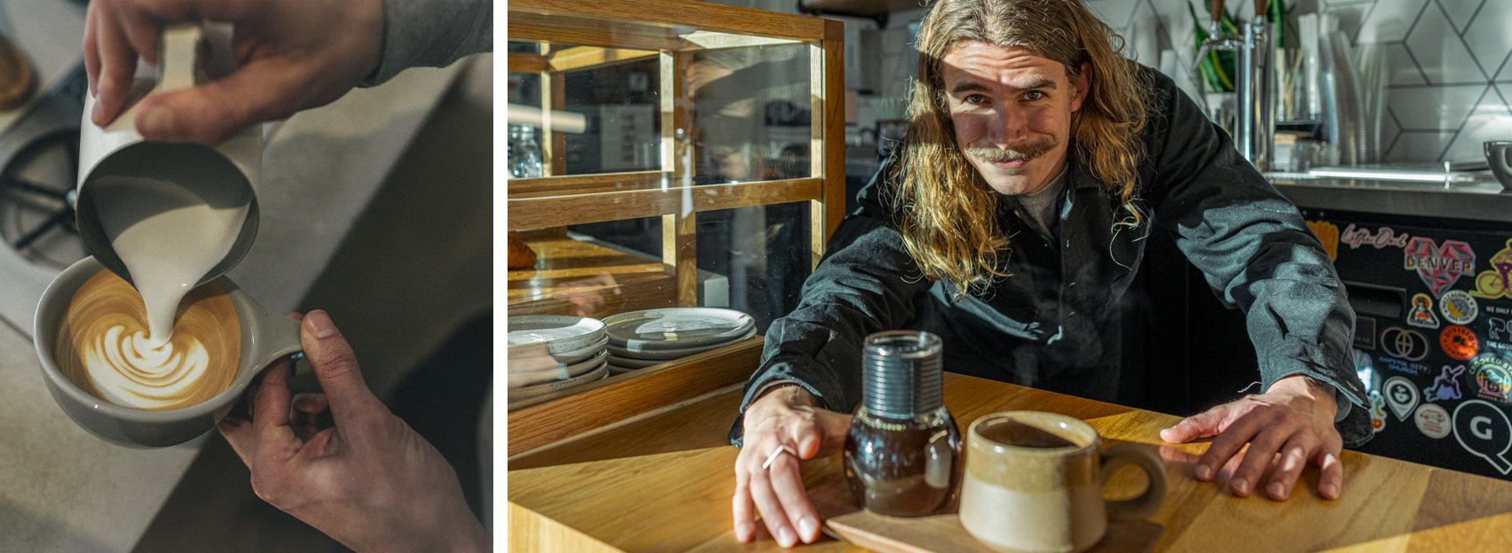 Caleb carefully pouring cream into a coffee drink and Caleb serving a coffee.