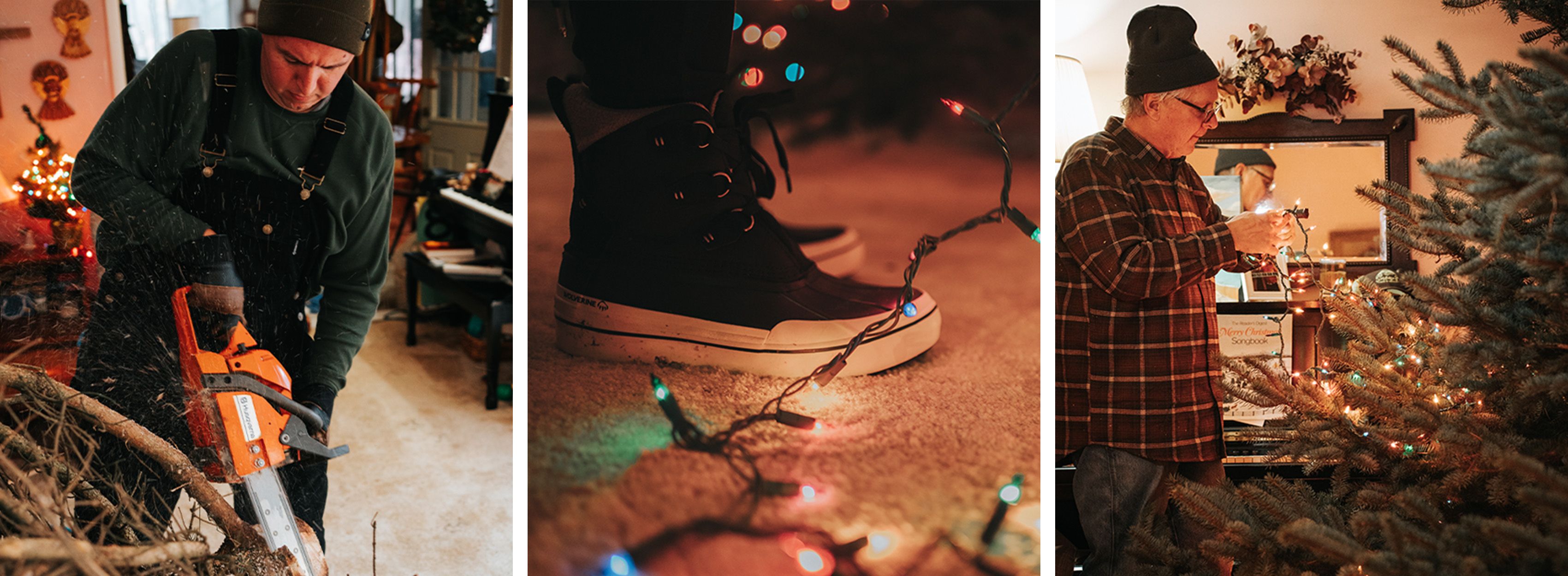 a person's feet and a string of lights