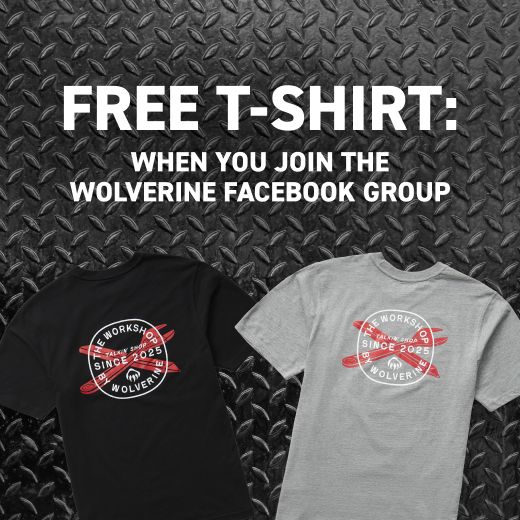 Two t-shirts sporting the Wolverine Workshop logo against a diamond panel.