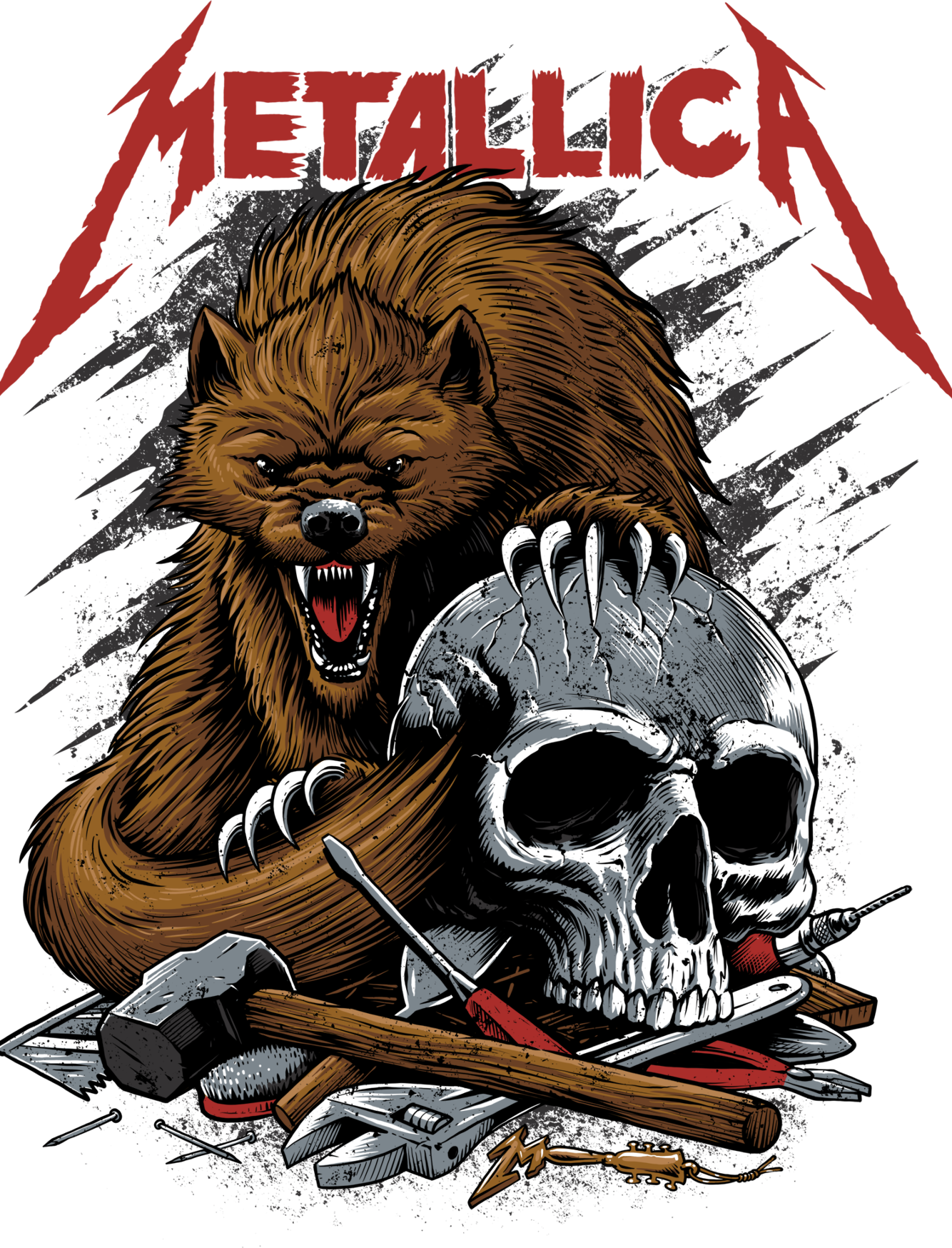 A Wolverine with one claw on a cross bones but the bones are tools.