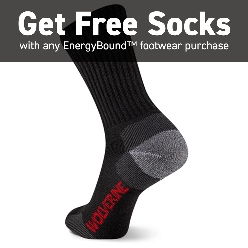 a black crew style sock with red lettering
