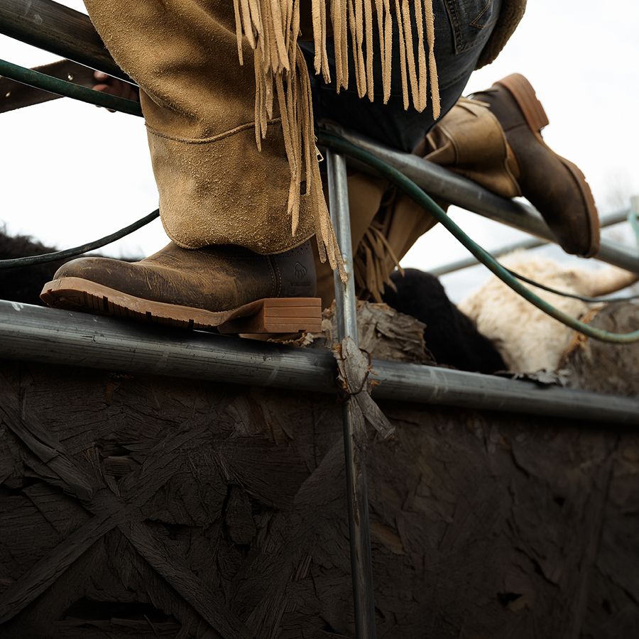 Brown boots and fringed leather chaps climbing on scaffolding.